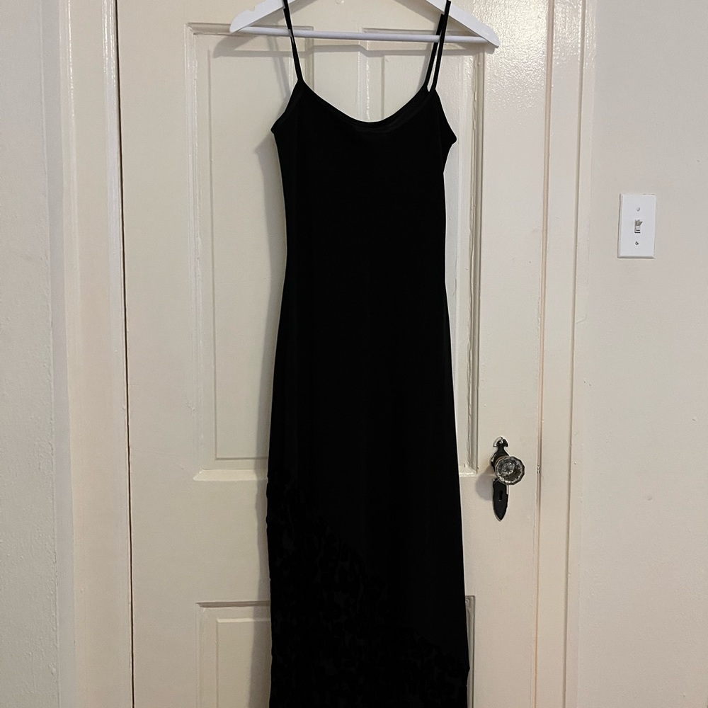 Long Black Satin sheath dress - velvet floral pattern at the hem.